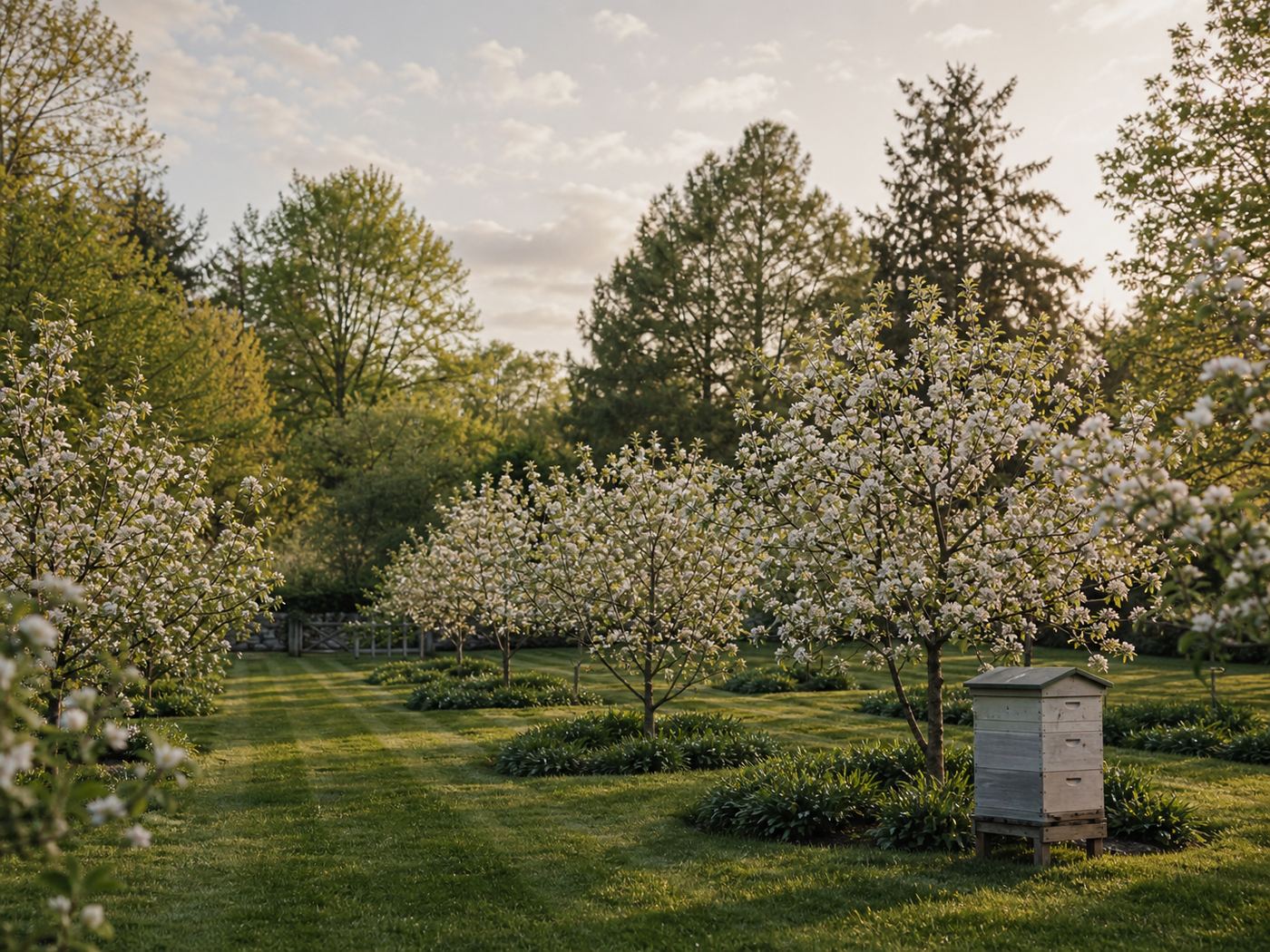 Small apple orchard in bloom with mown grass paths and beehive, spring