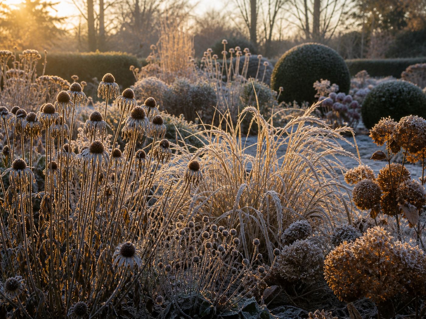 Autumn perennial garden with standing seed heads and ornamental grasses dusted in frost, low golden morning light, beautiful decay aesthetic
