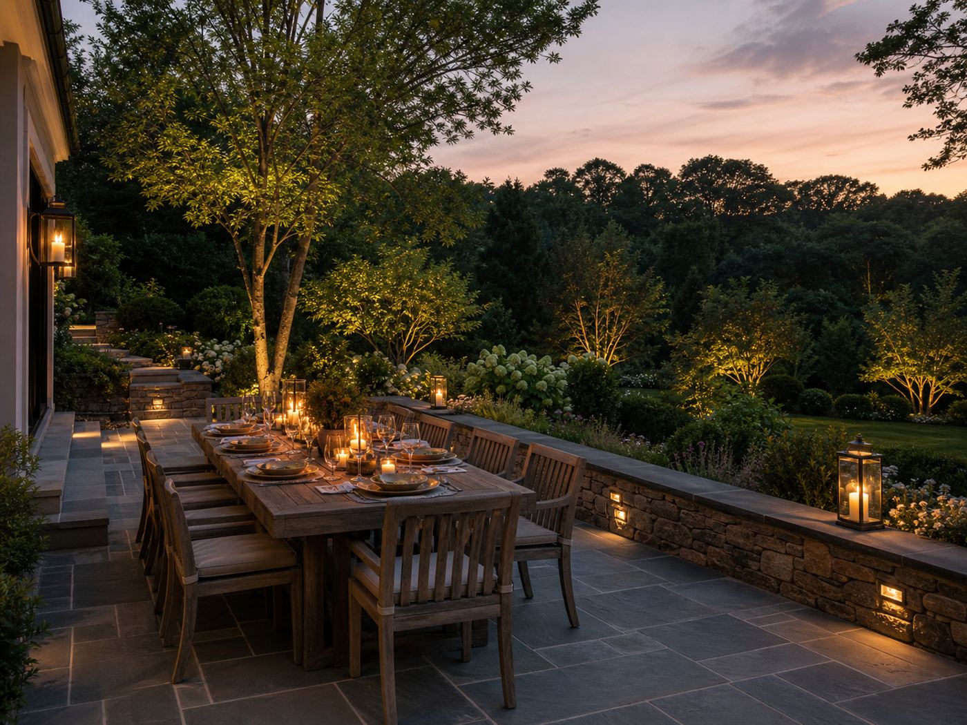 Bluestone dining terrace with long wooden table set for dinner, stone wall edge, garden views, dusk