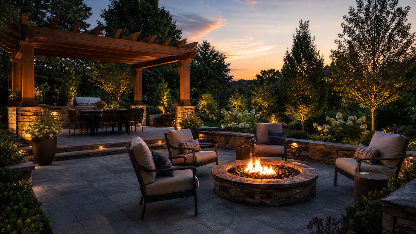 800×450 — bluestone patio with fire pit and pergola at dusk