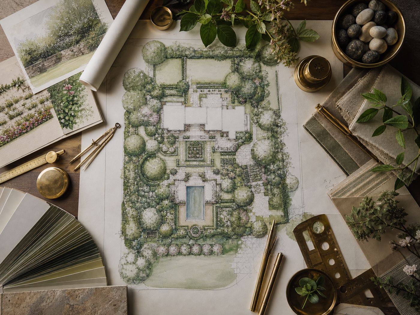 Landscape architect's desk with hand-drawn garden master plan, watercolor renderings, plant samples and brass drafting tools, overhead shot, warm light