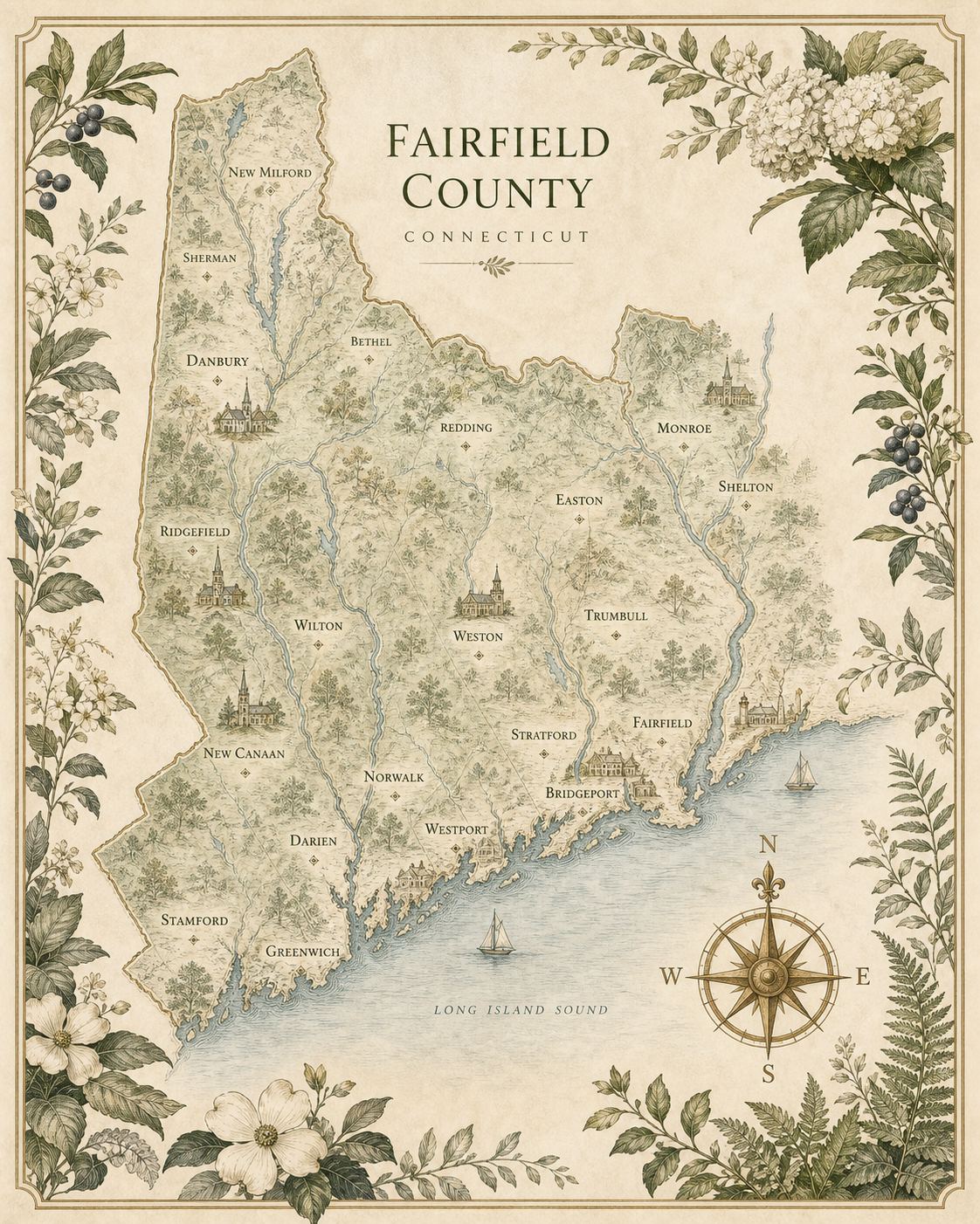 Elegant vintage-style illustrated map of Fairfield County Connecticut with brass compass rose, hand-drawn town labels, cream paper, botanical border illustrations