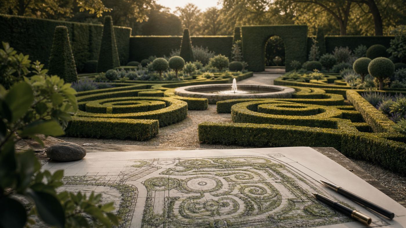 800×450 — formal garden design plan coming to life, parterre hedges