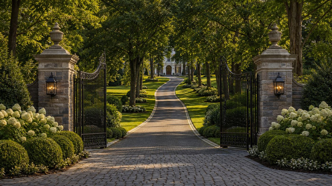 800×450 — grand Greenwich estate gates and driveway landscaping