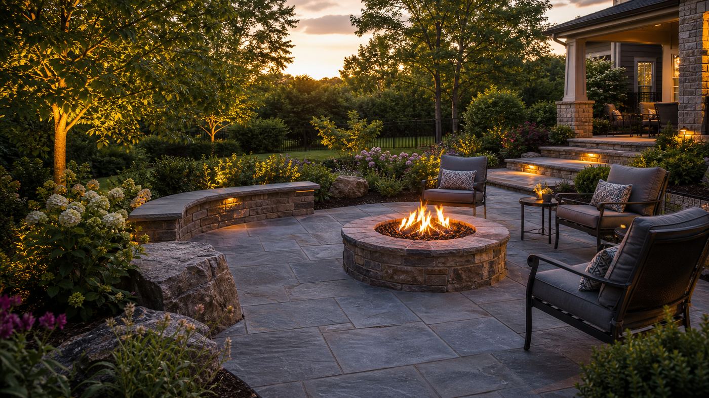 Stunning finished bluestone patio with fire pit, sitting walls and lush planting at golden hour, luxury backyard transformation AFTER shot