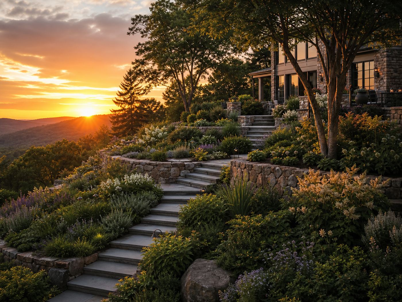 800×600 — hillside estate garden with stone terraces at sunset
