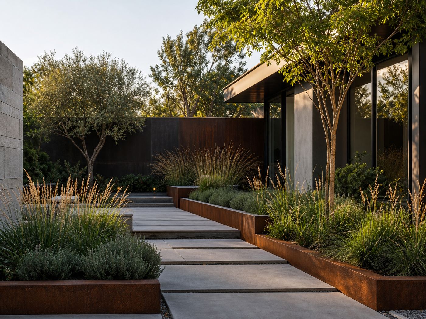 800×600 — modern courtyard garden, ornamental grasses, corten steel