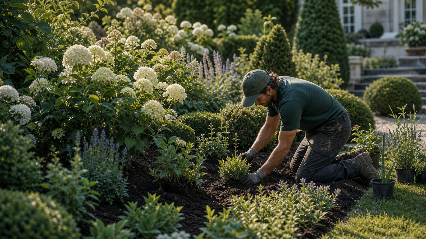 800×450 — gardener planting layered perennial border, hydrangeas