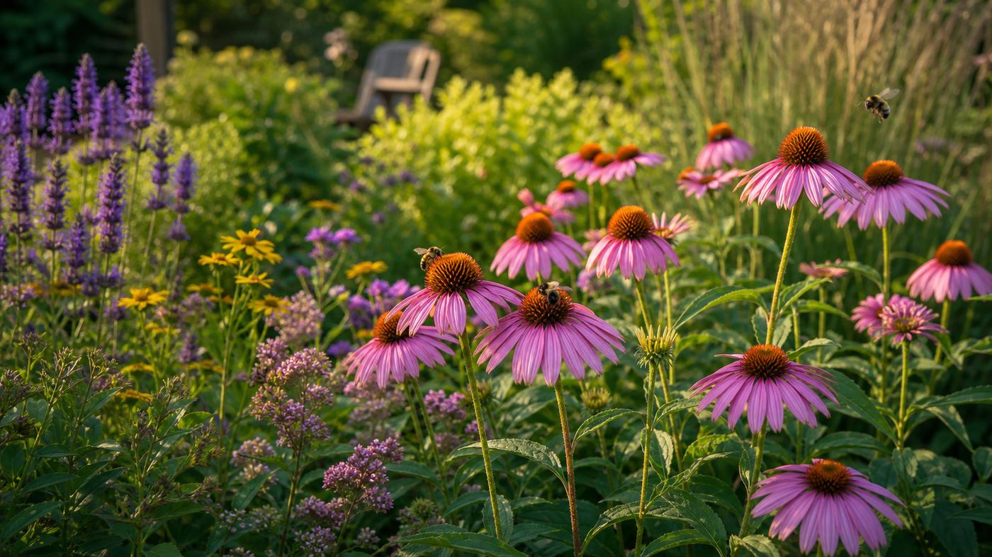 800×450 — native pollinator garden with bees and coneflowers