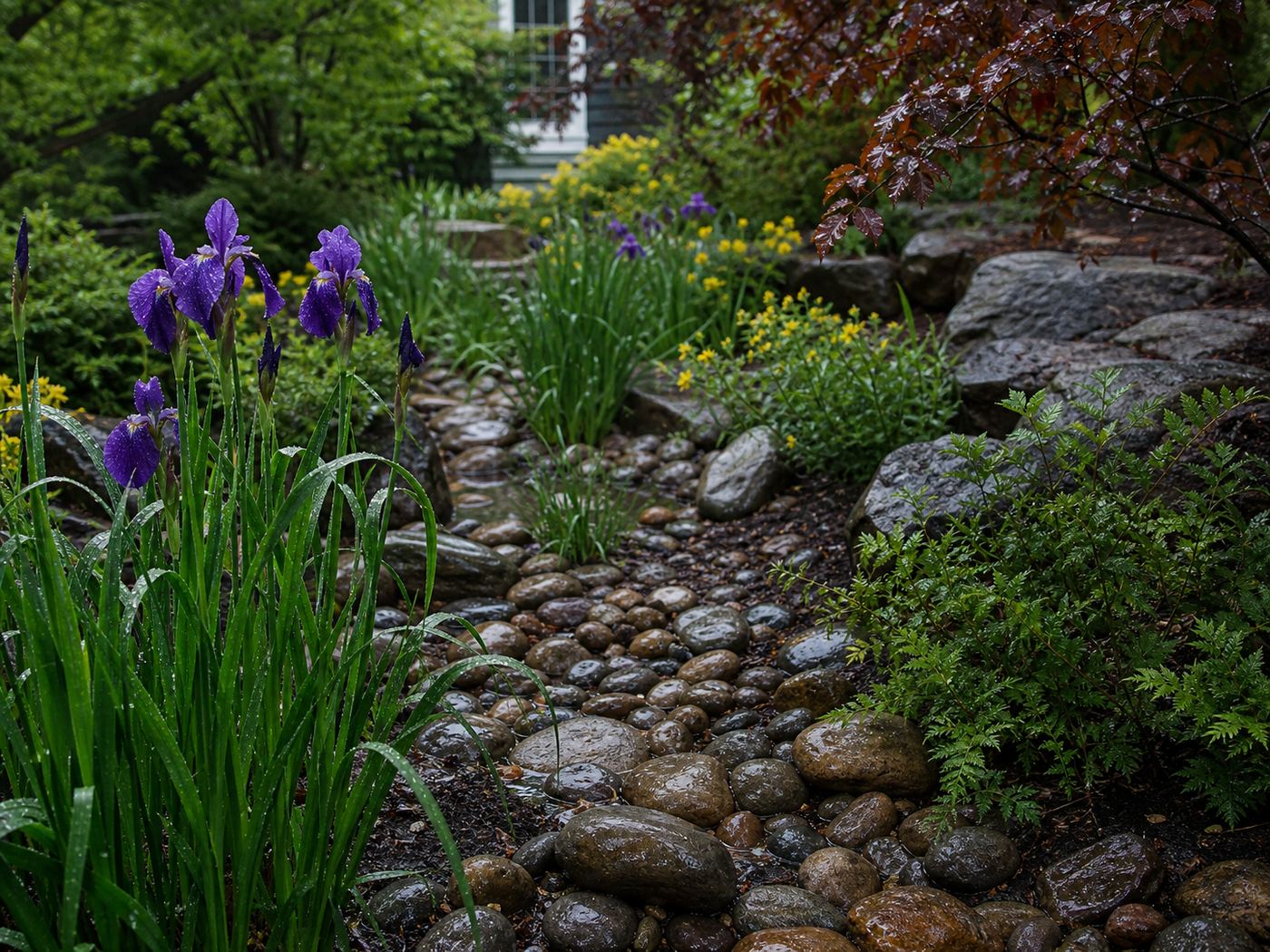 Rain garden with river stones and irises after rainfall, functional beauty