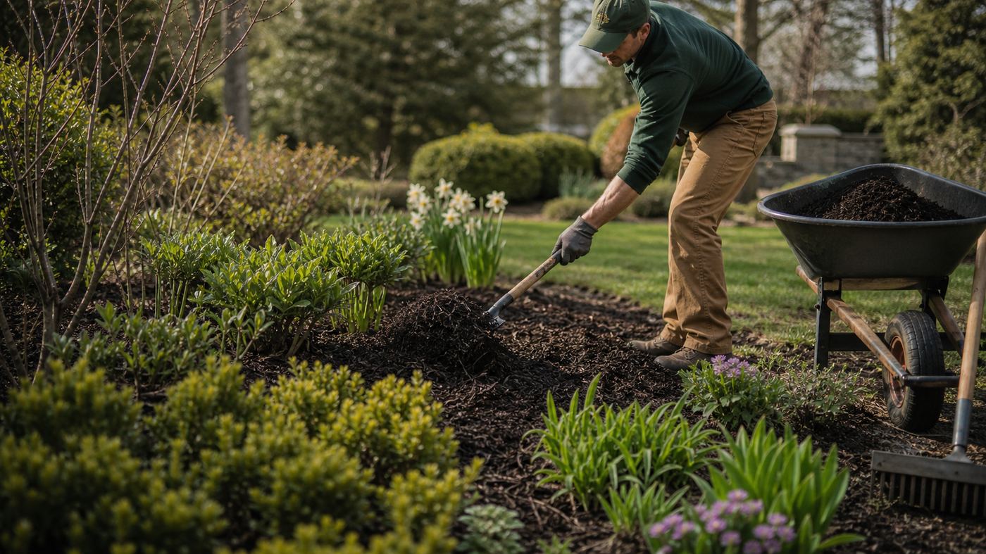 800×450 — spring garden cleanup, mulch being spread