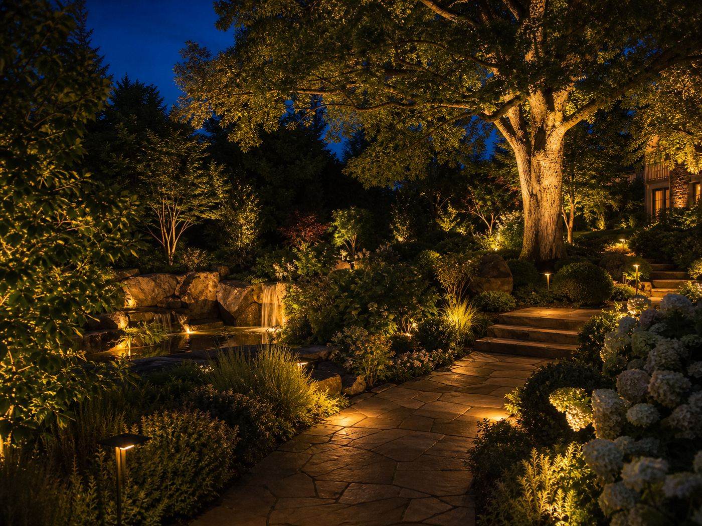 800×450 — garden lighting layers at twilight, uplit tree