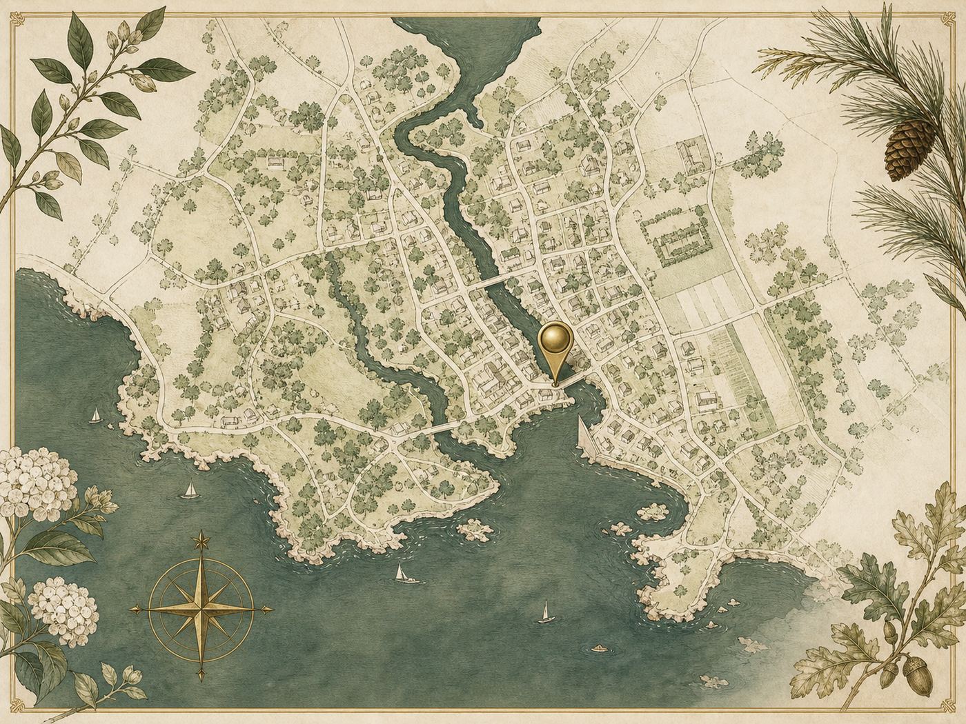 Stylized elegant map illustration of Westport Connecticut riverside studio location with a brass pin